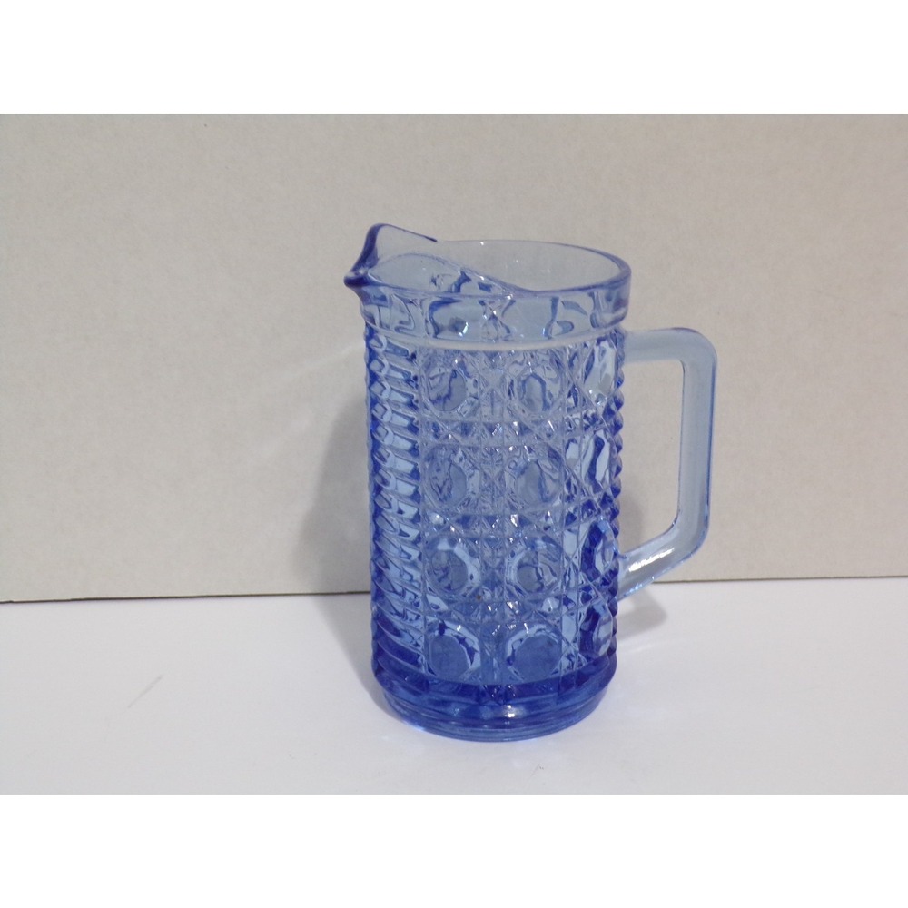 Federal Glass Windsor  Blue Milk Syurp Button & Cane Pattern Pitcher 1970's Vtg.